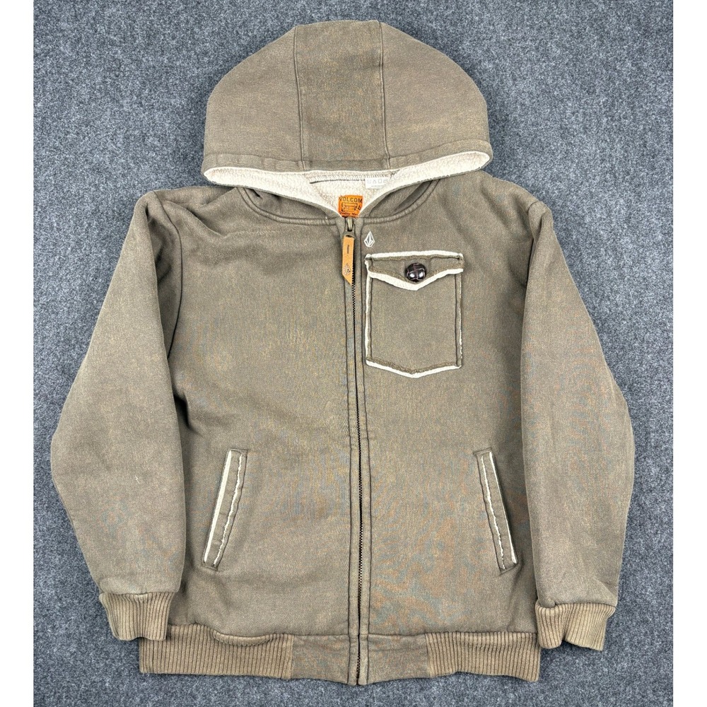 Volcom Workwear Sherpa Lined Hooded Jacket Mens Medium Brown Faded Zip Up Hoodie